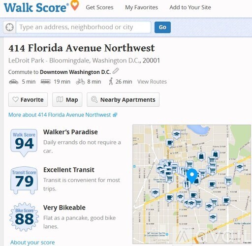 A screenshot of a website displaying the Walk Score for 414 Florida Avenue Northwest in Washington D.C.