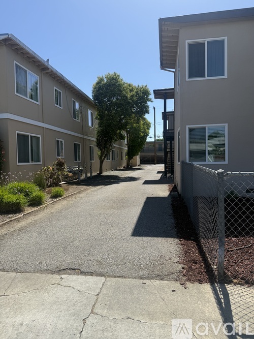 A sunny day at a residential area with apartment buildings and a sidewalk.