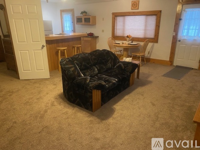 A living room with a black couch and a carpet.