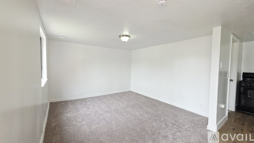 A room with a carpeted floor and a single light fixture on the ceiling.