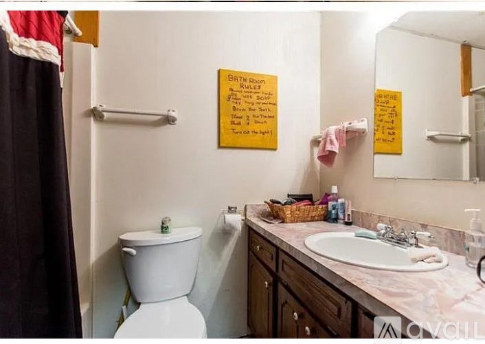 A bathroom with a toilet, sink, and mirror.