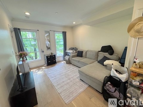 A living room with a grey couch and a television.