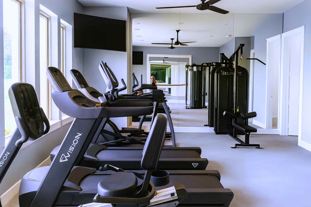 A row of treadmills are lined up in a gym.