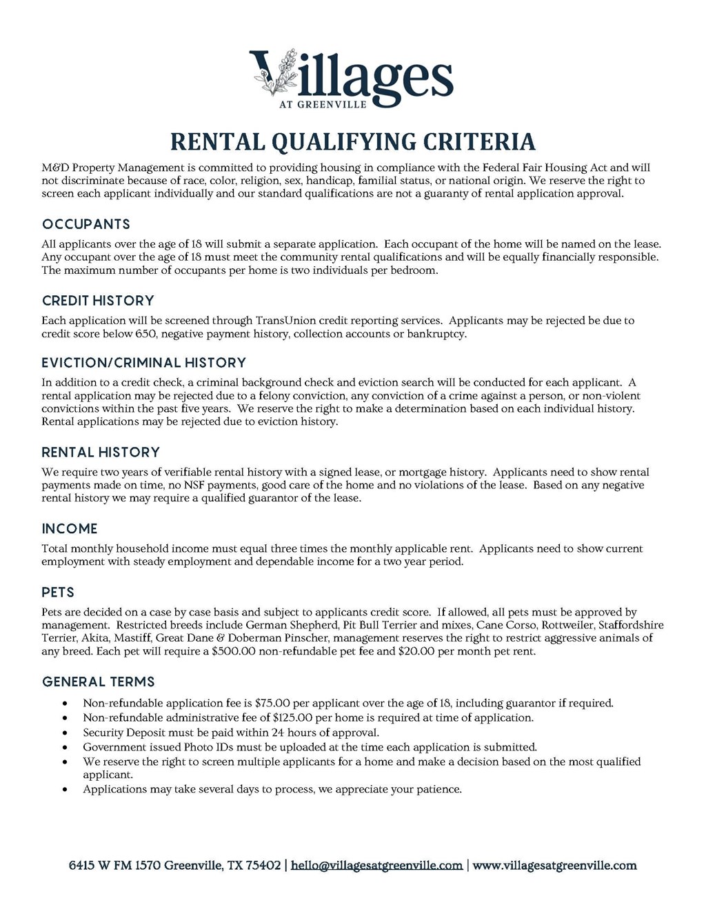 A document outlining the rental qualifying criteria for a property management company.