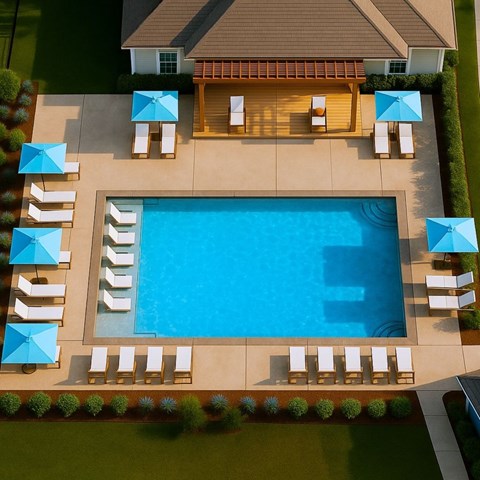 A pool surrounded by sun loungers and umbrellas.