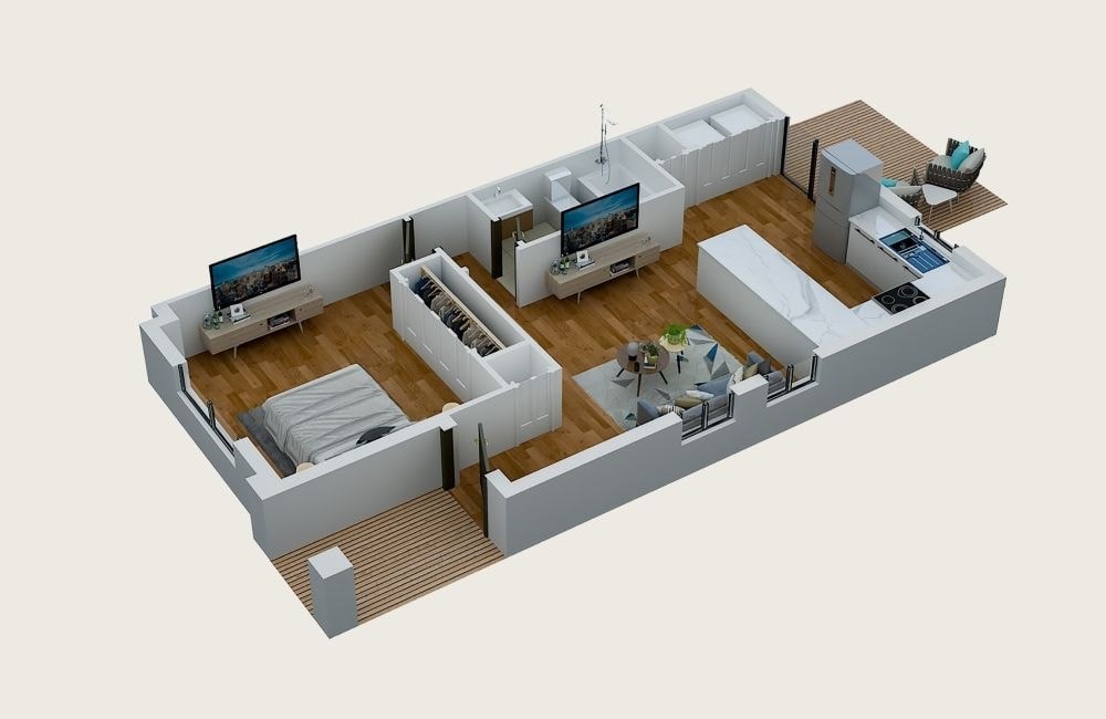 A 3D rendered image of a modern apartment layout.