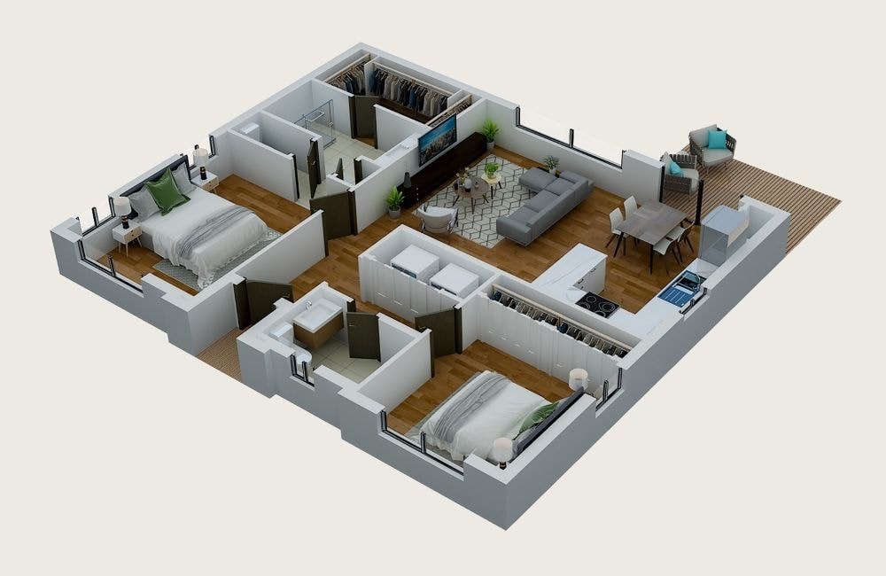 A 3D floor plan of a house with multiple rooms and furniture.