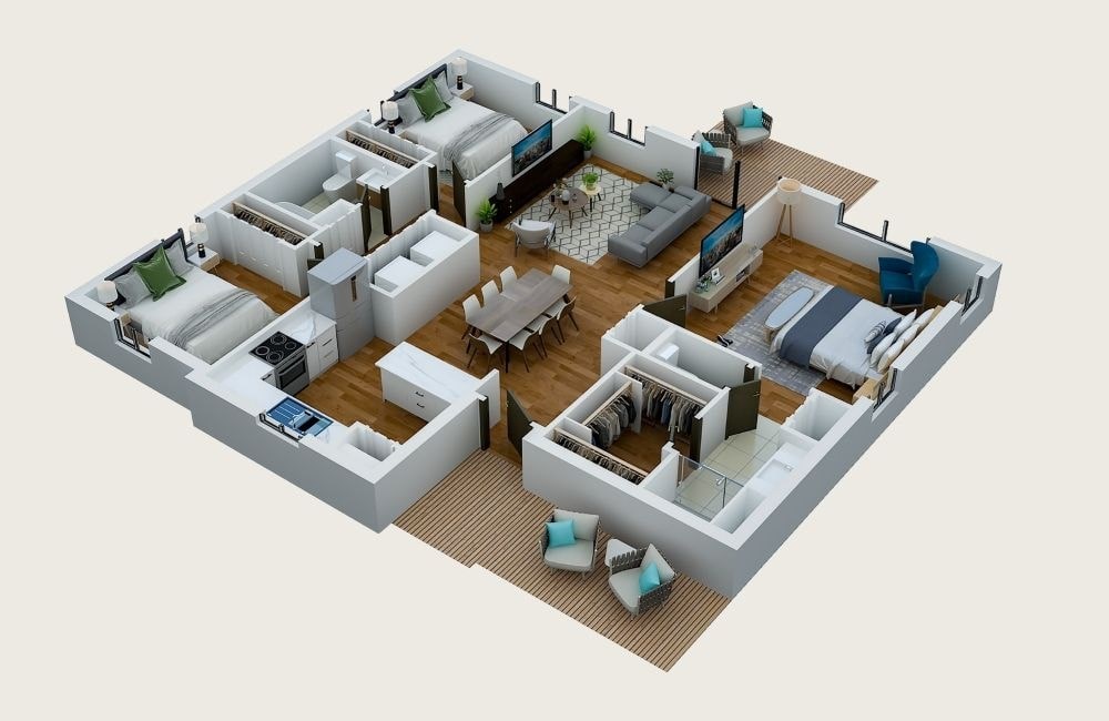 A 3D floor plan of a house with multiple rooms and furniture.
