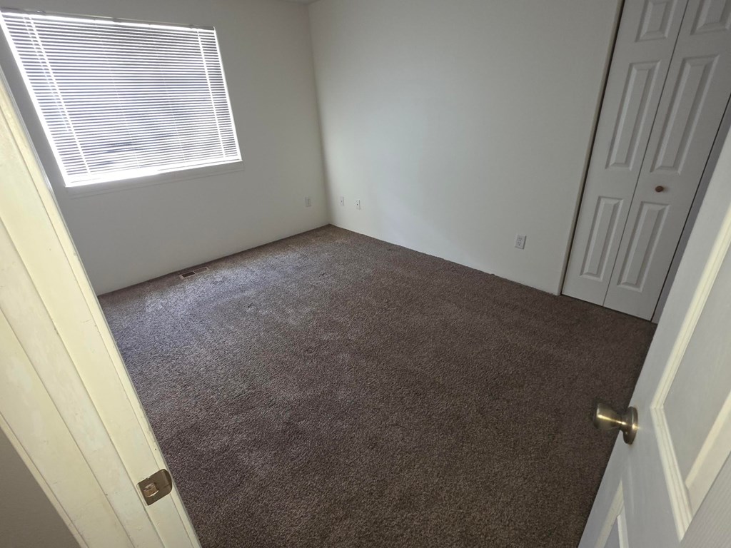 A room with a carpeted floor, a window with blinds, and a closed door.