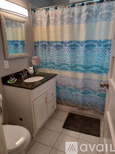 A bathroom with a toilet, sink, and shower curtain.