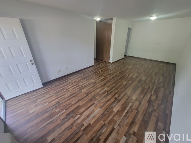 A room with wooden flooring and a white door.