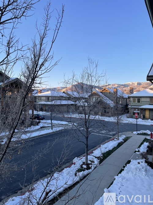 A view of a snowy street from a window with houses and trees.