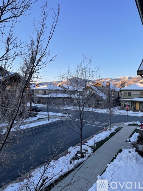 A view of a snowy street from a window with houses and trees.