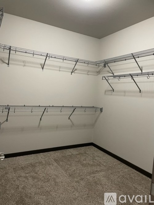 Empty room with shelving and carpeted floor.