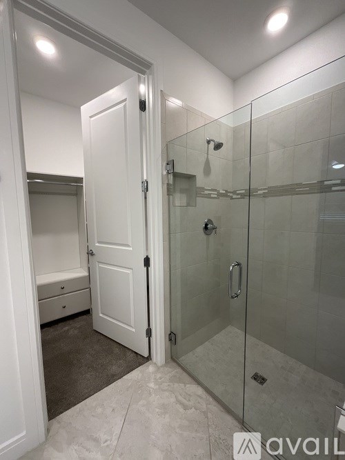 A bathroom with a walk-in shower and a white door.