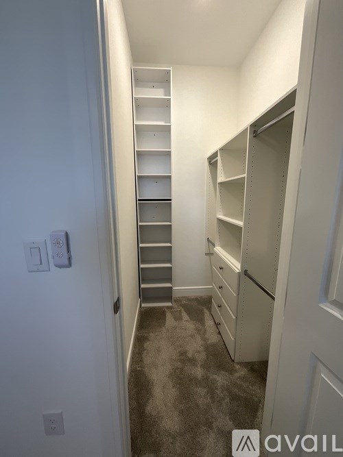 A hallway with a carpeted floor and a white door.