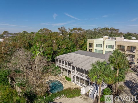 A house with a pool surrounded by trees.