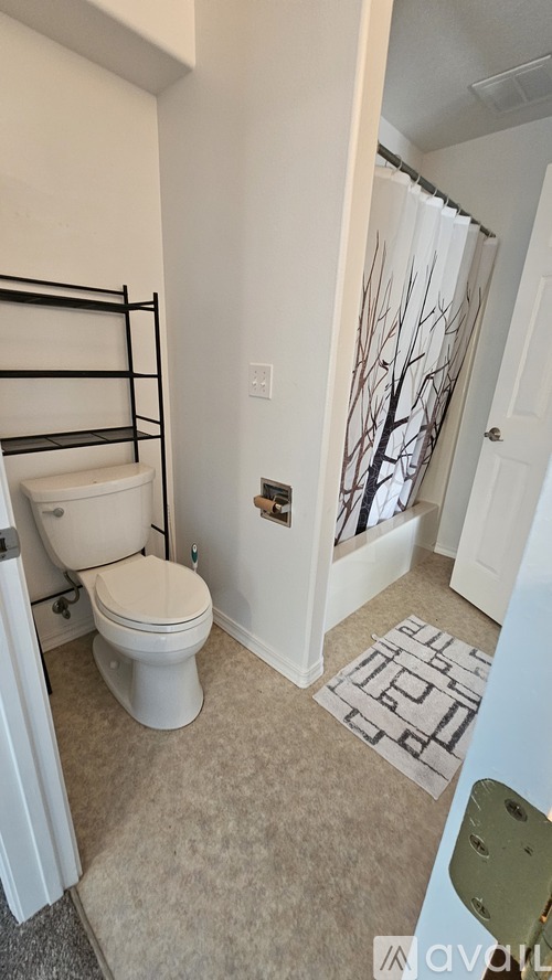 A bathroom with a toilet, a rug, and a chair.