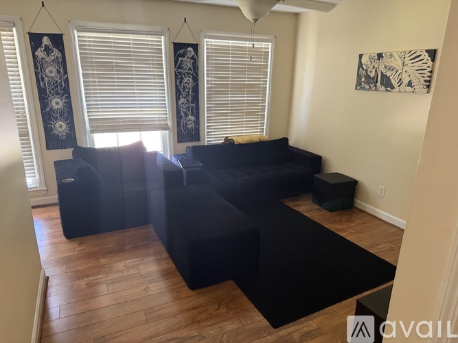 A living room with a black couch and a black rug.