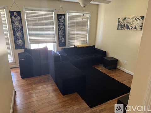 A living room with a black couch and a black rug.