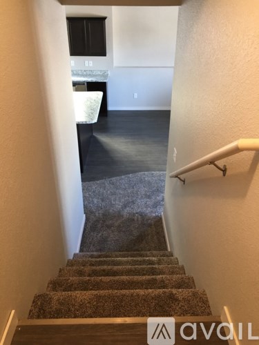 A staircase with a carpeted runner and a white handrail.