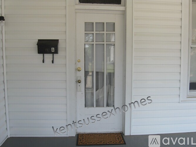 A white door with a mailbox on the left side.