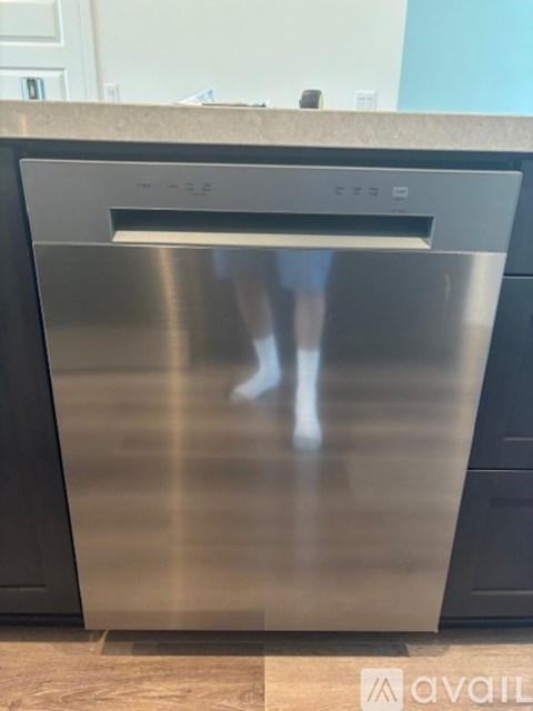 A stainless steel dishwasher is in a kitchen.