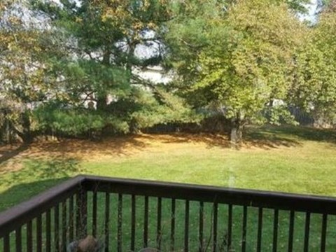 A view from a balcony overlooking a green lawn and trees.