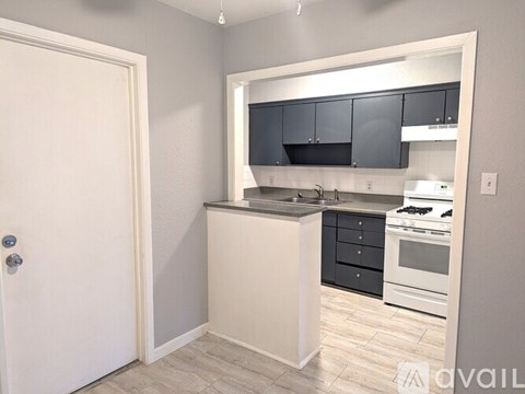 A kitchen with a white door and black cabinets.