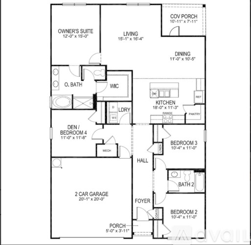 A floor plan of a house with a living room, dining room, kitchen, and four bedrooms.