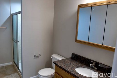 A bathroom with a toilet, sink, and mirror.