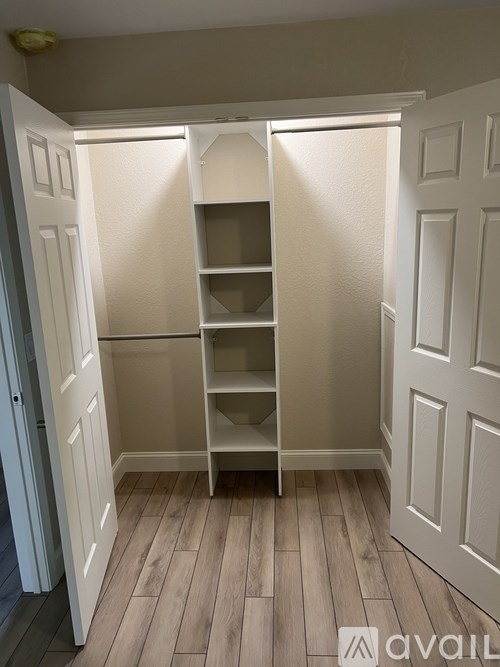 A white pantry with shelves and a door open.