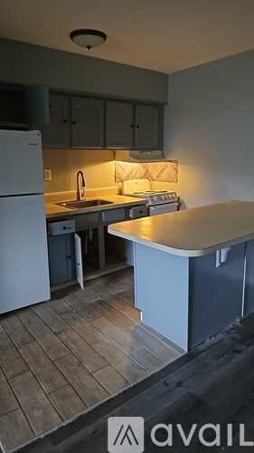 A kitchen with a white refrigerator and a countertop.