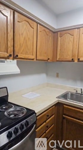 A kitchen with wooden cabinets and a stove top oven.