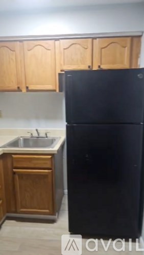 A black refrigerator in a kitchen with wooden cabinets.