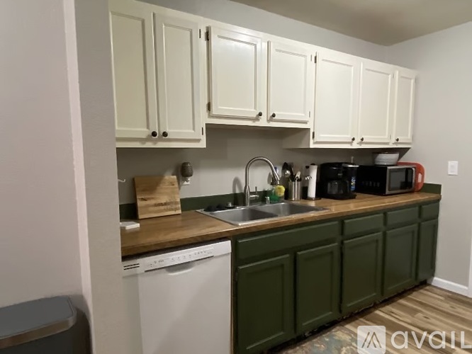 A kitchen with green cabinets and a white dishwasher.