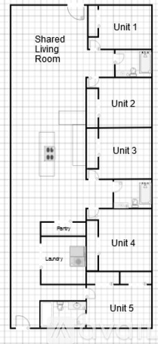 A floor plan of an apartment complex with five units and a shared living room.