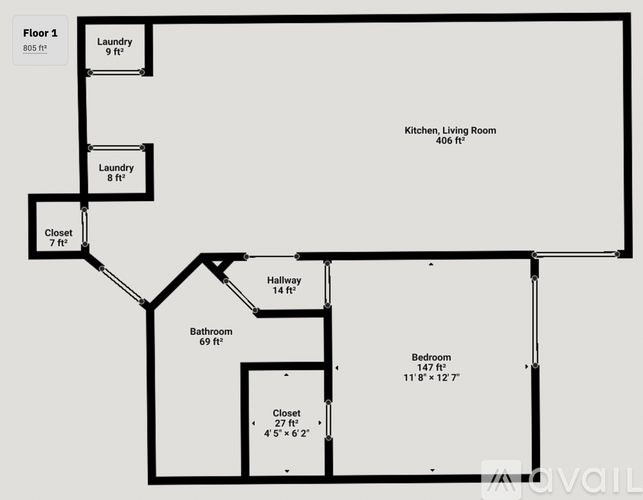 A floor plan of a house with a laundry room, closet, bathroom, and bedroom.