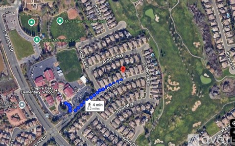 A map shows a route from Empire Oak Elementary School to a location 0.2 miles away.
