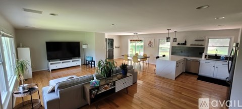 A living room with a grey couch and a television.