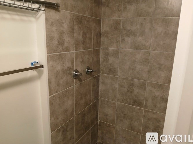 A bathroom with a shower curtain and a shower head.