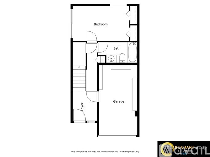 A floor plan shows a bedroom, bath, and garage.