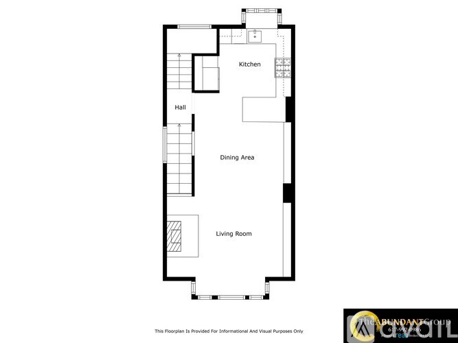 A floor plan of a house with a kitchen, dining area, and living room.