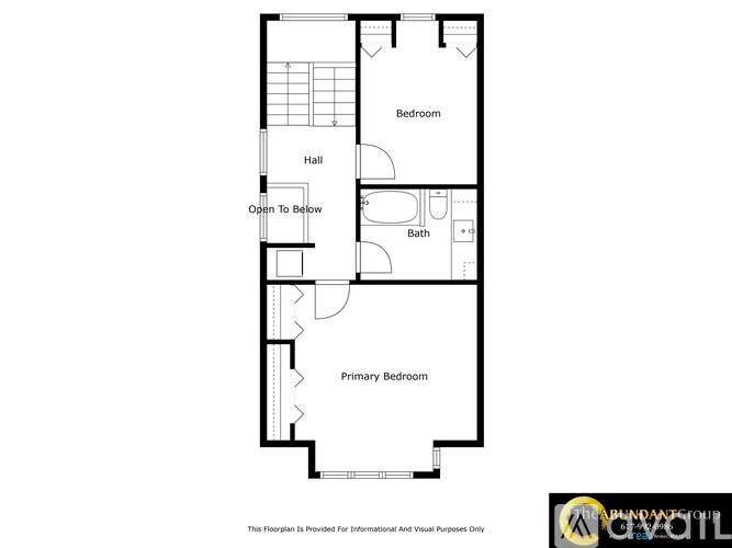 A floor plan of a house with a bedroom, bath, hall and primary bedroom.