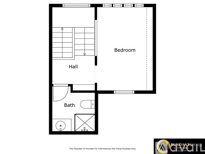 A floor plan of a room with a hall, bedroom, and bathroom.