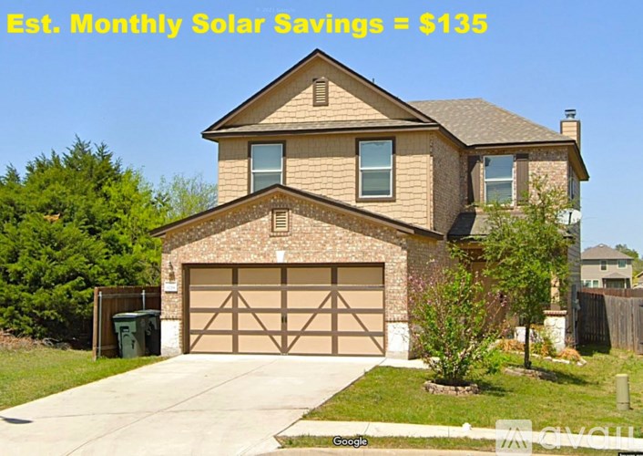 A house with the text "Est. Monthly Solar Savings = $135" overlaid on it.