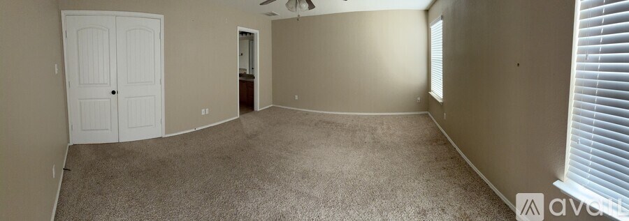 A room with a carpeted floor and a ceiling fan.
