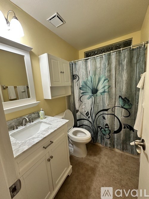 A bathroom with a sink, toilet, and shower curtain.