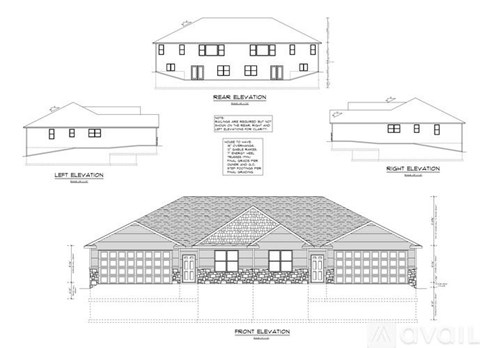 A set of architectural drawings showing front, rear, and side elevations of a house.