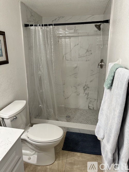 A white toilet sits next to a shower curtain in a bathroom.